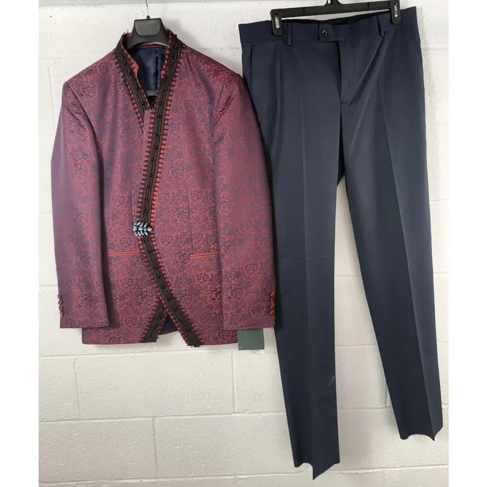 Pietro Scarlatti Mens Mandarin Suit Blazer Pants Brocade Floral US42 EU 52 T7
